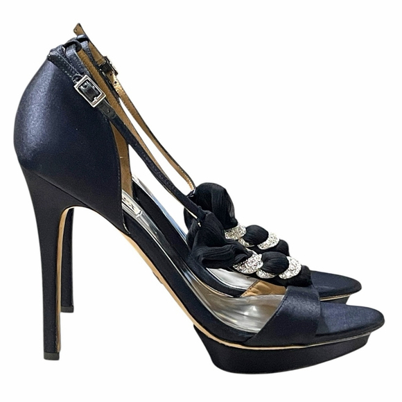Badgley Mischka Women 10 Heels Open Toe Satin Rhinestone Stiletto Platform Black - Picture 6 of 16